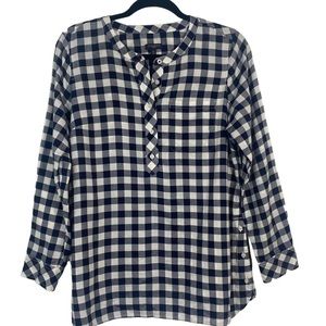 TALBOTS Petites Women’s Navy Gingham 1/2 Button-Up 100% Cotton Top, Size Mp